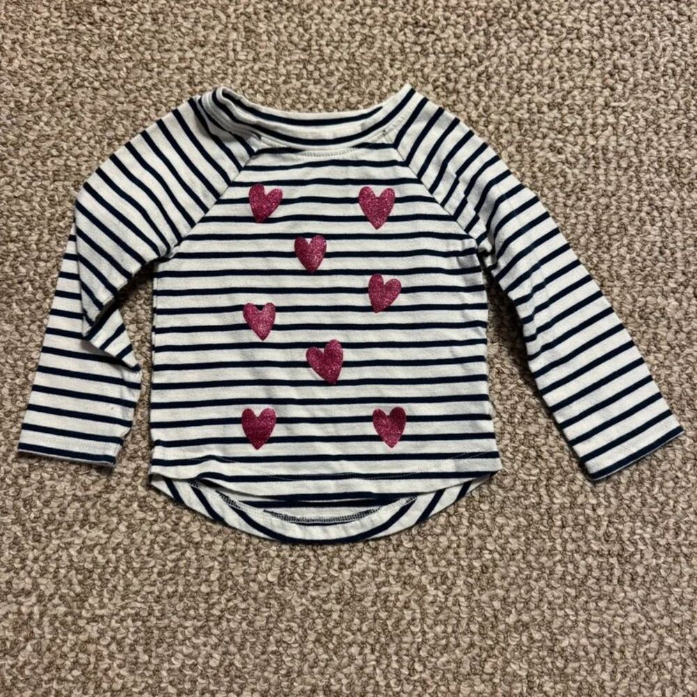 Cat & Jack Baby Girl Navy Striped Long Sleeve Top Glitter Hearts 12 Months